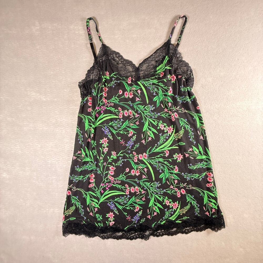 Soma lace trimmed black floral nightgown - built in bra tropical sexy size L